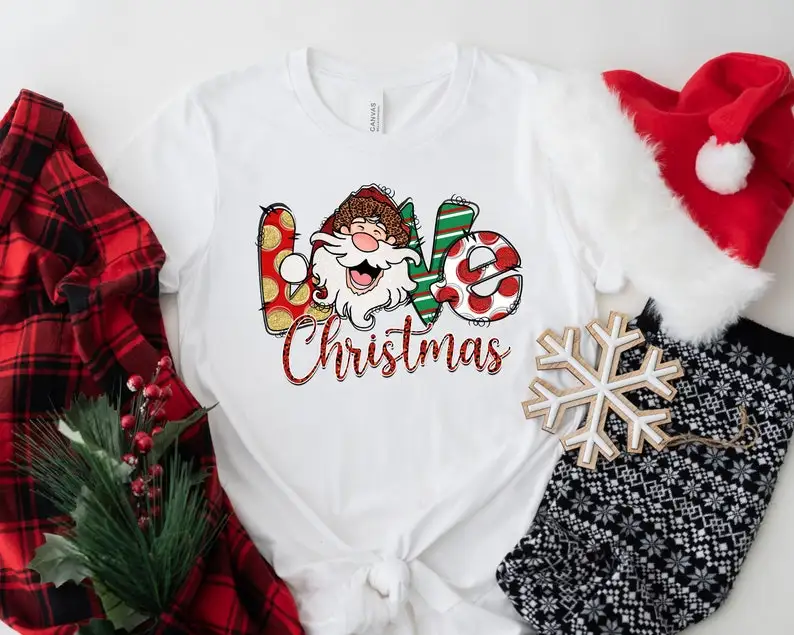 Love Christmas shirt shirt for women Merry Santa Claus gift Short Sleeve Top Tees O Neck 100% Cotton Fashion Streetwear harajuku