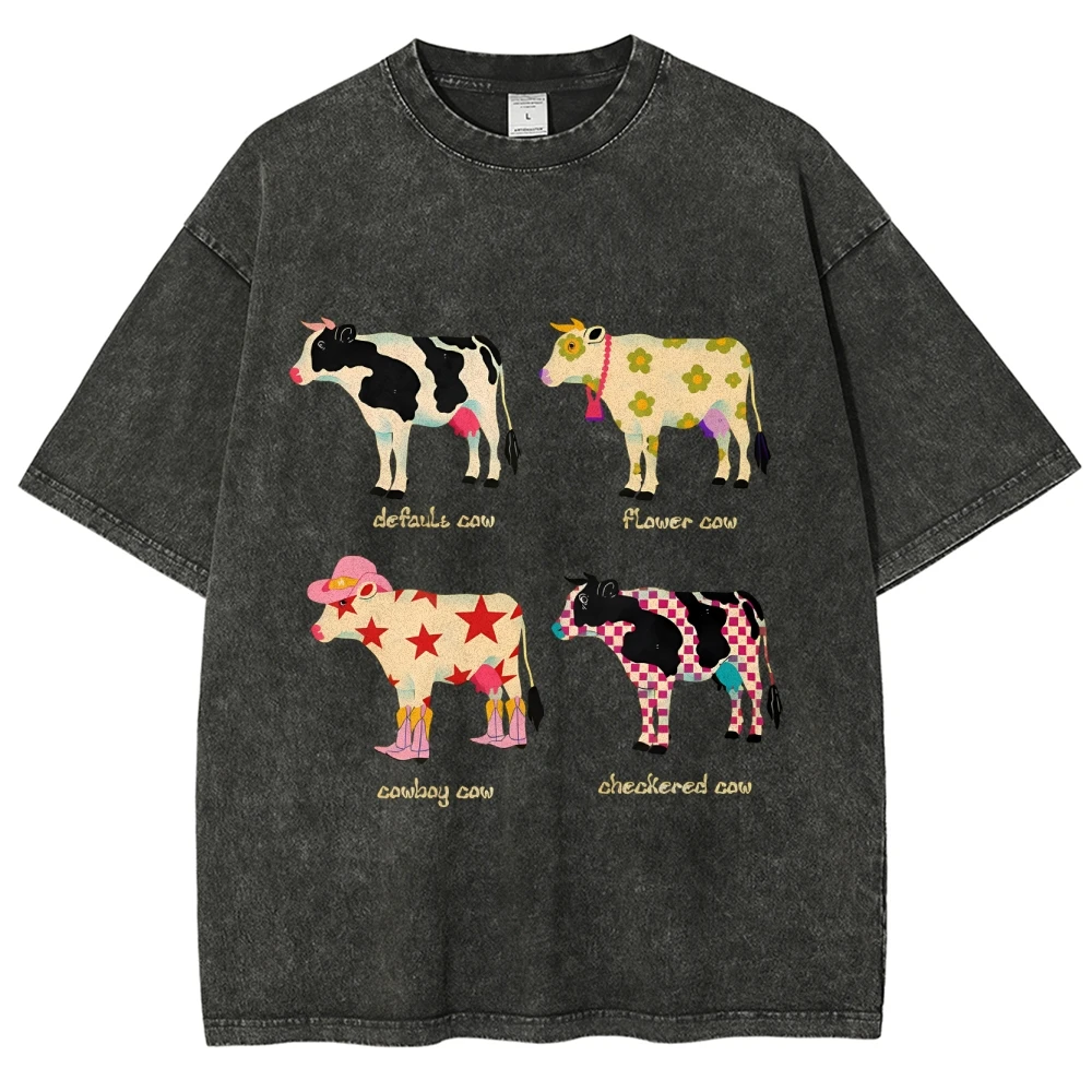 

Various Type Cow Prints Plus Size T-shirt Ranch Animal Patterns Round Neck Streetwear Washed Short Sleeves Women's Unisex Fit