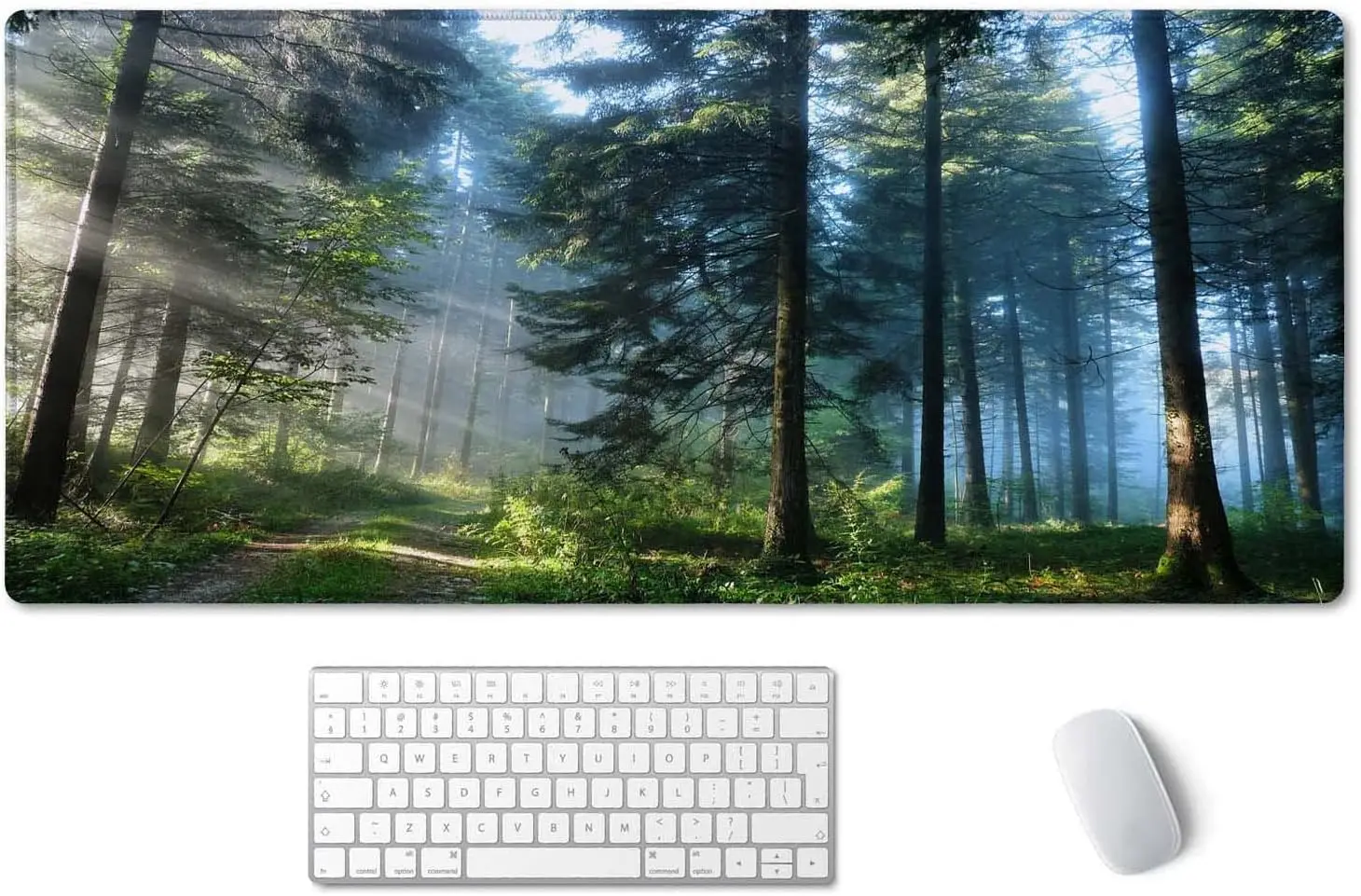 Morning Mist Woodland Large Desk Mouse Pad, Sun Ray Through Coniferous Forest Nature Scene Print, Non‑Slip Mat For Gaming Office