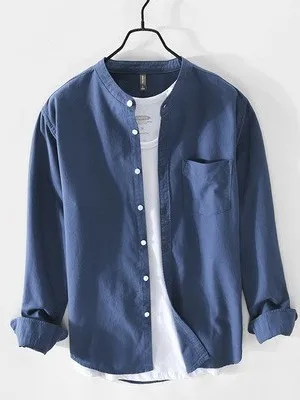 

Casual Loose Long Sleeve Pure Cotton Oxford Cloth Men's Shirt Spring Autumn Season Fashionable No Collar Upper Apparel