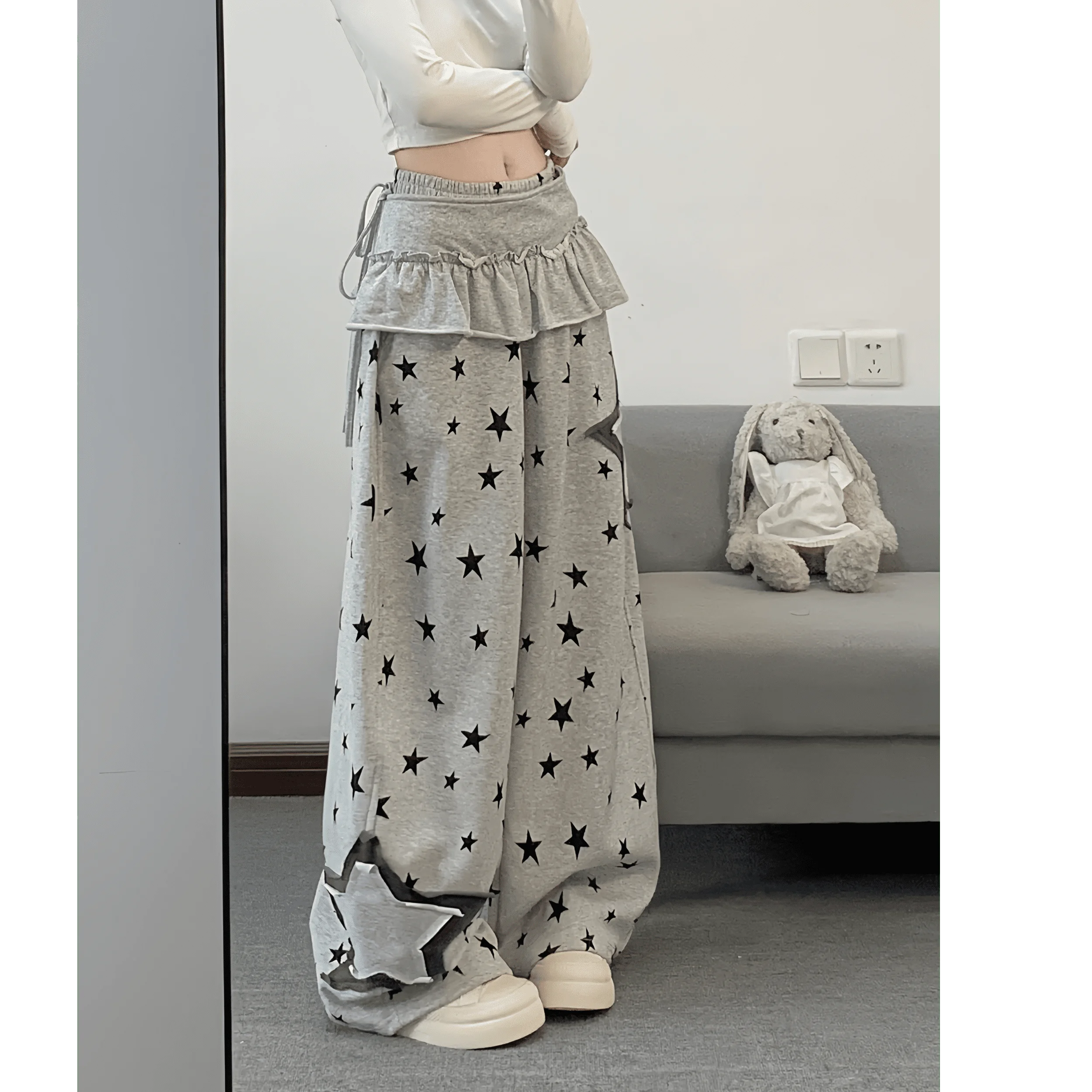 

Casual Wide Leg Pants Women's Spring Summer Fake Two-Piece Star Print Loose Fit Comfortable Cotton Blend Elastic Waist