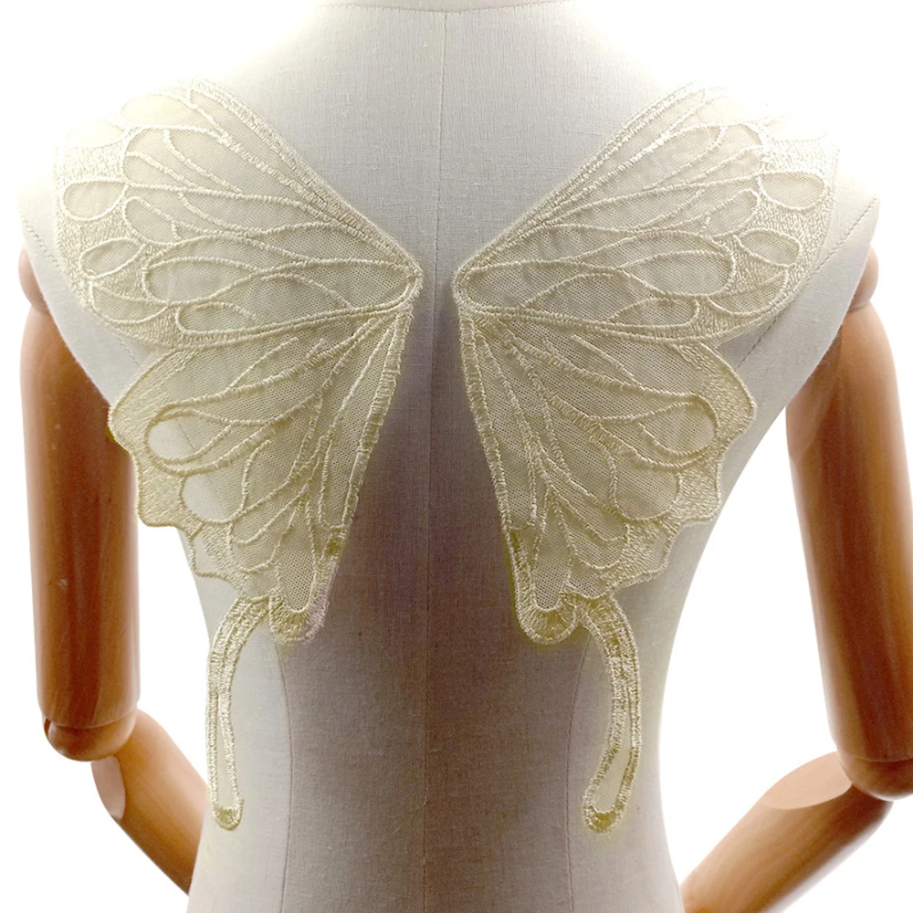 1 Pair Butterfly Wing Back Collar Lace Mesh Bottom Embroidered Corsage Polyester Embroidery DIY Lace Applique 37X13cm