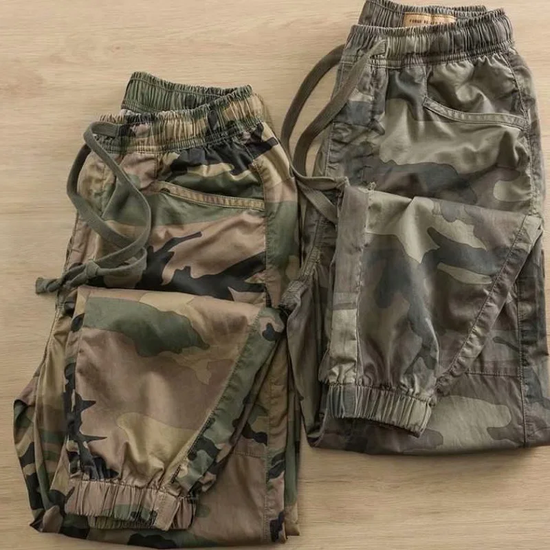 

Мужские летние брюки из чистого хлопка и тонкого шелка, свободного кроя, износостойкие, с эластичным поясом, камуфляжные, рабочие, модные, брендовые, с манжетами