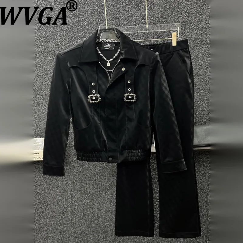

WVGA Autumn Winter New Men Tide Short Checkerboard Glossy Leather Jackets Niche Chic Casual Patchwork Straight Pants Sets W15848