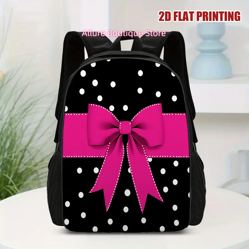 1pc ' Pink Polka Bow Backpack - Lightweight Large Bookbag with Zipper Closure, Cute Dotted Design for Travel, Commuting & Daily