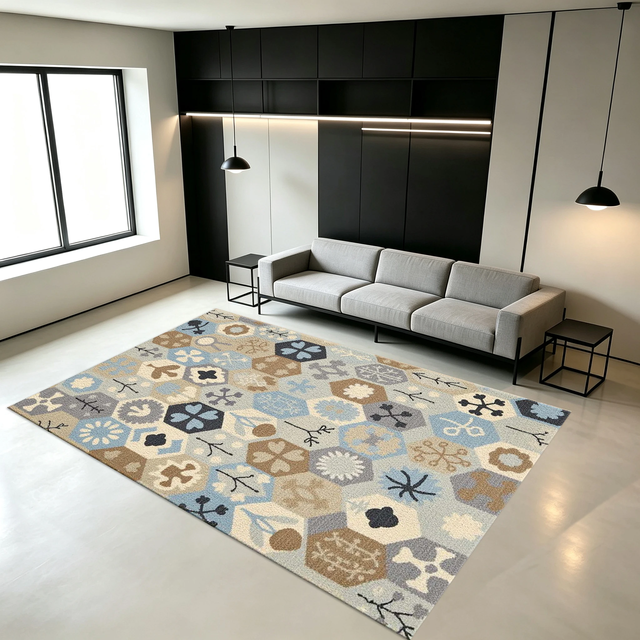 Bohemian Style Hexagonal Floral Folk Geometric Pattern Carpet, Non-Slip Printed Carpet, Suitable for Living Room, Entryway, and Home Floor Decoration