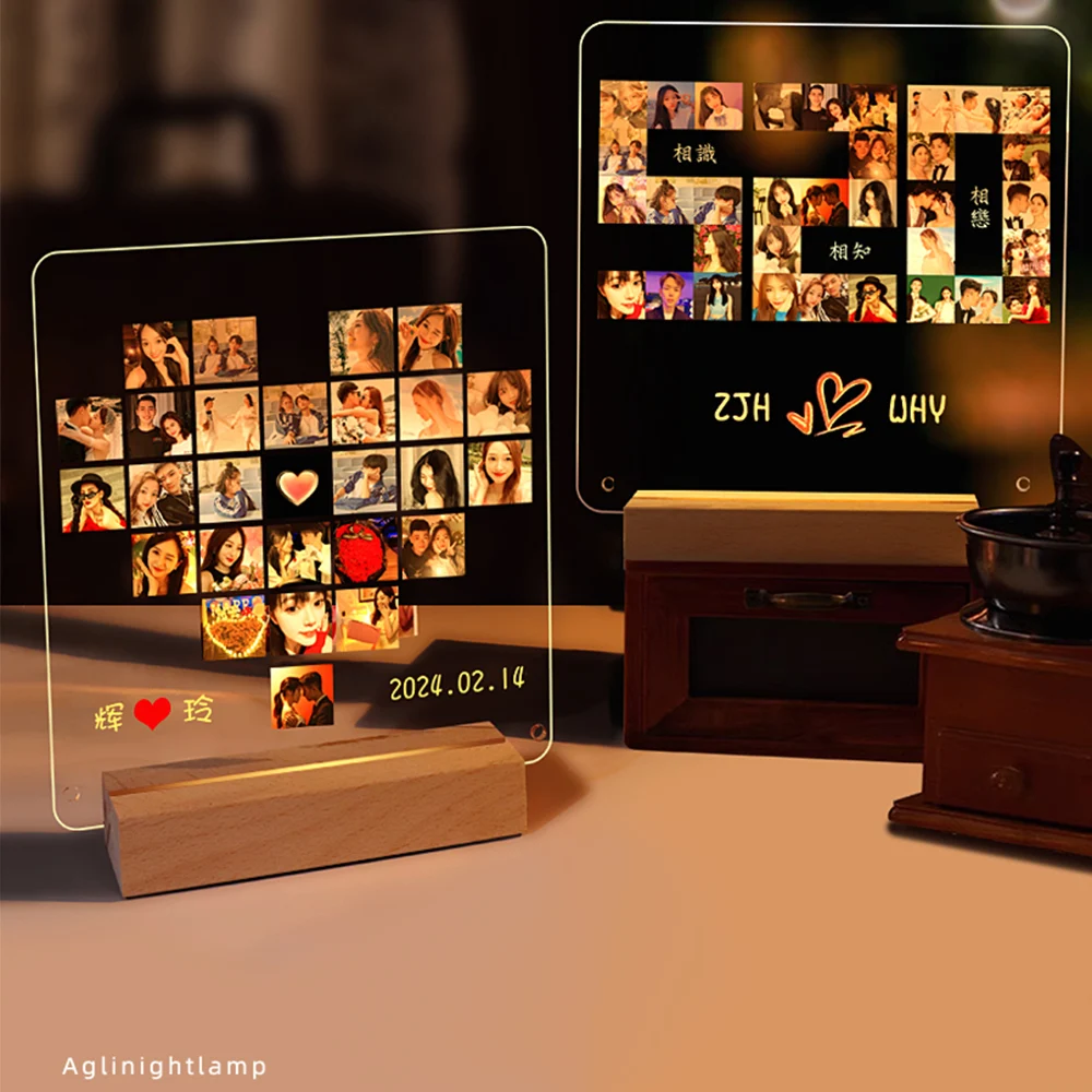 

Photo Lamp Custom Creative Night Lights Solid Wood Stand Acrylic Board Nightlight Birthday Valentine's Day Boy Girl Friend Gifts