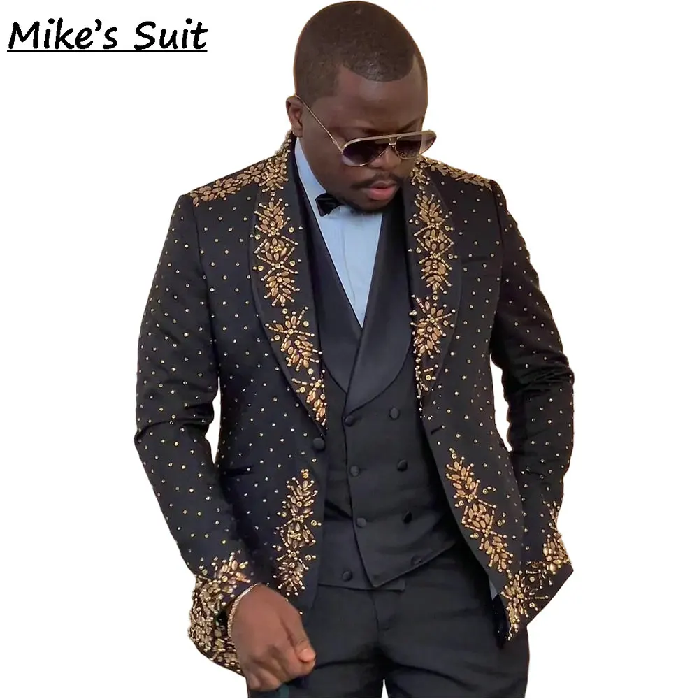 Traje De boda negro, ropa para novio, trajes De hombre con diamantes De cristal dorados, esmoquin Formal, conjunto De dos piezas, Blazer y pantalones, Traje De Novio