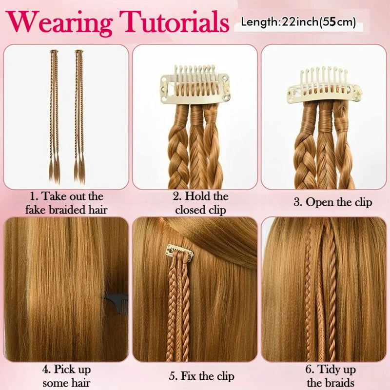 2 قطعة كليب في الضفائر وصلات شعر 22 بوصة وصلات شعر طويلة الضفائر الطبيعية لينة الاصطناعية قطع الشعر للنساء ارتداء اليومي