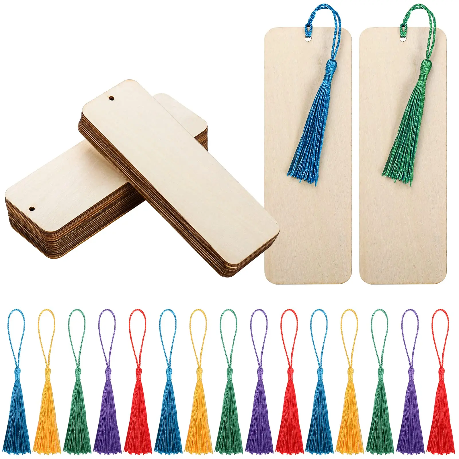 40Pcs Wood Blank Bookmarks DIY Wooden Craft Bookmark 20 Unfinished Wood Hanging Tags Ornaments 20 Tassels for Christmas Birthday