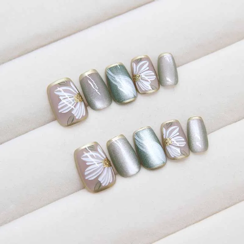 10 pezzi da donna piccolo fiore fresco corto testa quadrata rimovibile stile coreano stampa sulle unghie unghie finte ragazza manicure set corto falso