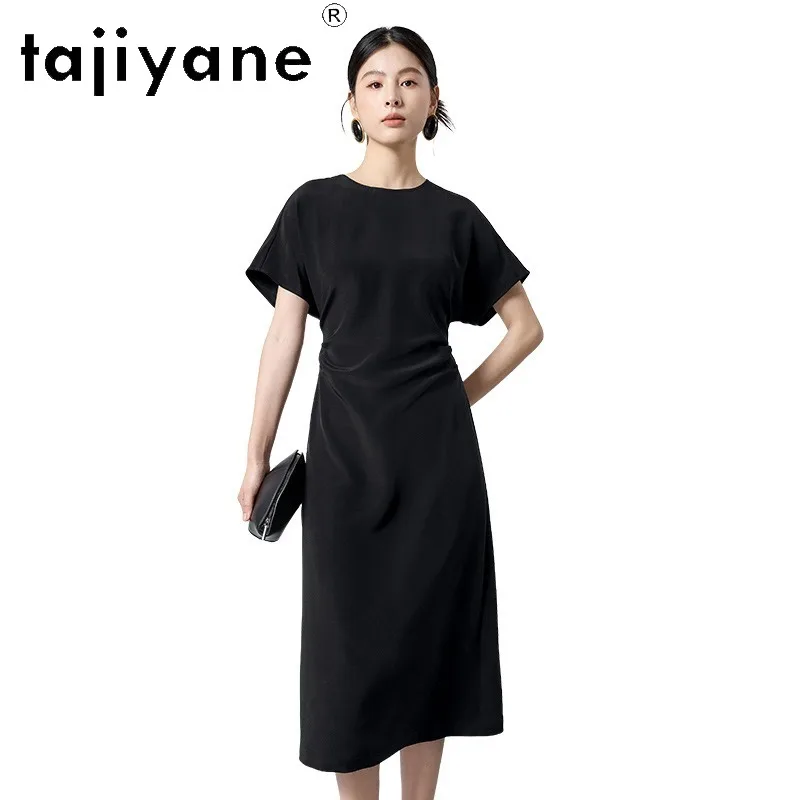 

TAJIYANE 91.7% Mulberry Silk Women's Casual Dresses Elegant Dresses for Woman A-Line Frocks Summer Black Dress Платье Premium