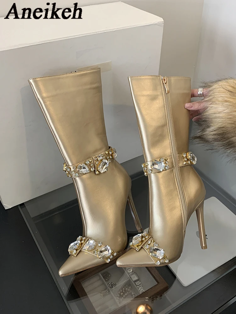 Aneikeh Quality Women's Pointed Gold Crystal Buckle High Heel Boots Straight Tube Diamond Decoration Knee High Long Boots Autumn