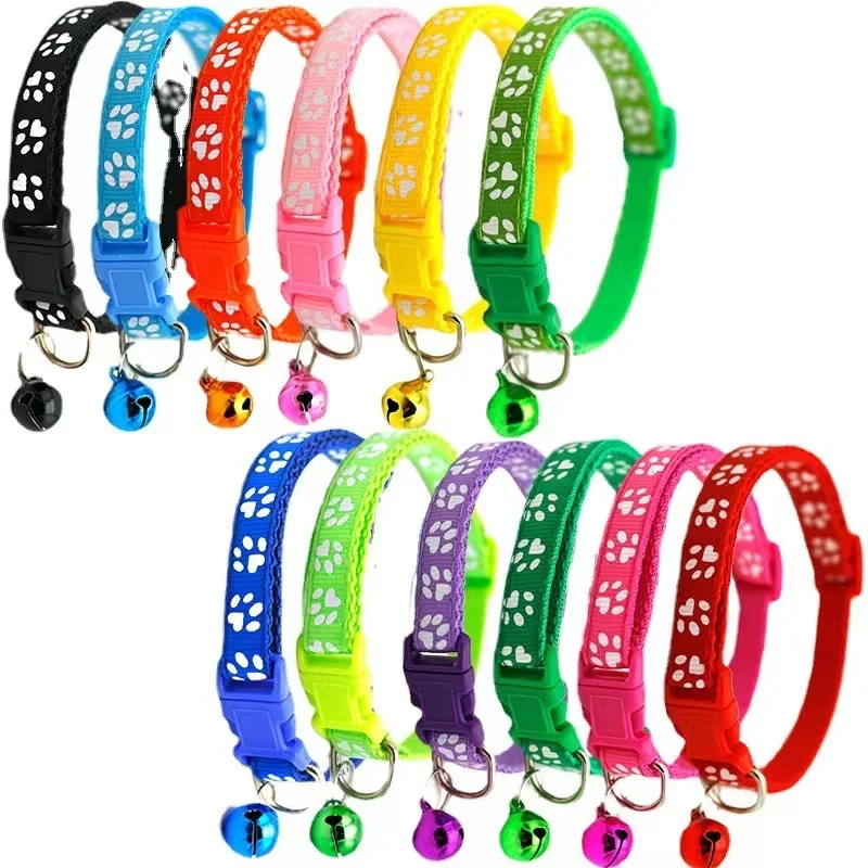 Cute Nylon Dog Collar with Bell for Small Dogs Cats Paw Print Cloth Cat Collars Dog Cat Accessories for Dog Lead Harness