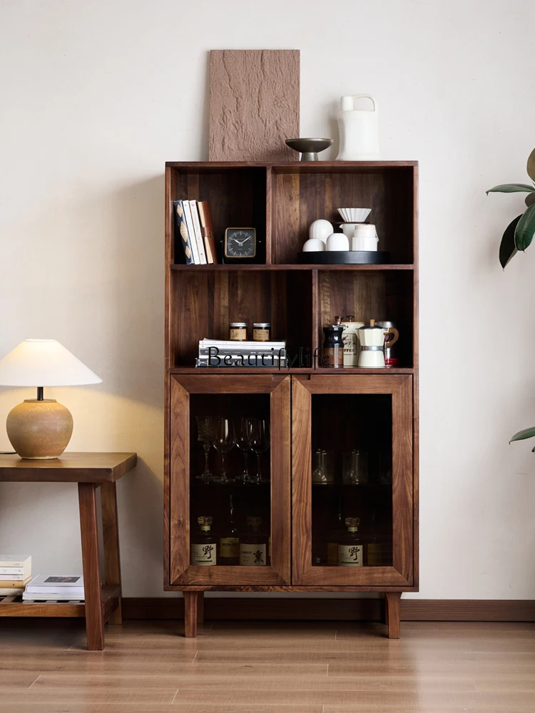 North American black walnut dining side cabinet glass door lattice storage simple solid wood wall storage cabinet