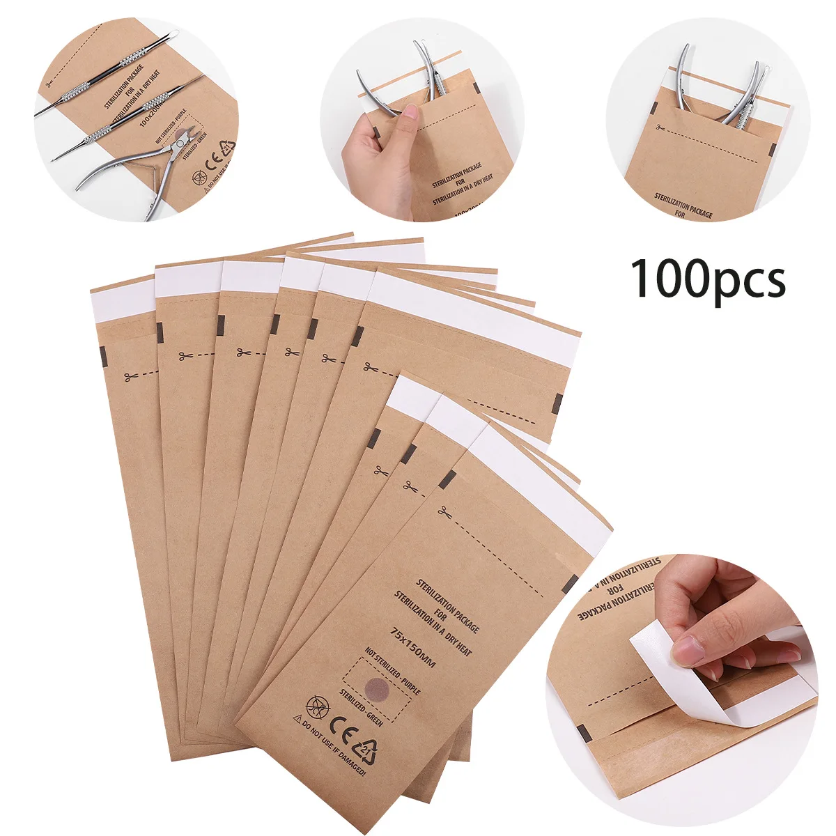 

100Pcs Manicure Kraft Bags Nail Art Sterilizer Nails Clean Sterilization Bag Disposable Manicure Supplies UV Disinfection Tools