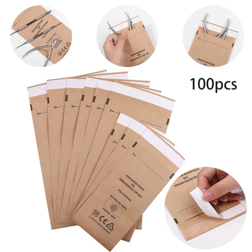 Imagen 1 del producto 100 Uds bolsas Kraft para manicura esterilizador para decoración de uñas bolsa de esterilización limpia suministros de manicura desechables herramientas de desinfección UV