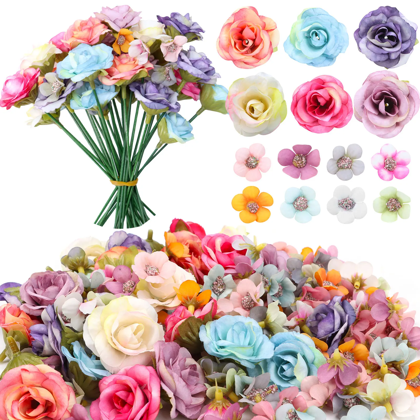 Mini teste di fiori da 220 pezzi, fiori di rosa artificiali con steli