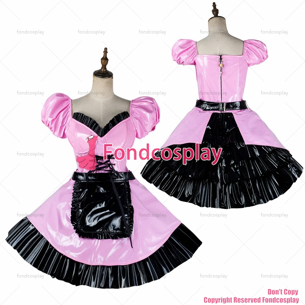 Fondcosplay-vestido cruzado sexy para adultos, uniforme de pvc fino, delantal negro, CD/TV, color rosa, G2182