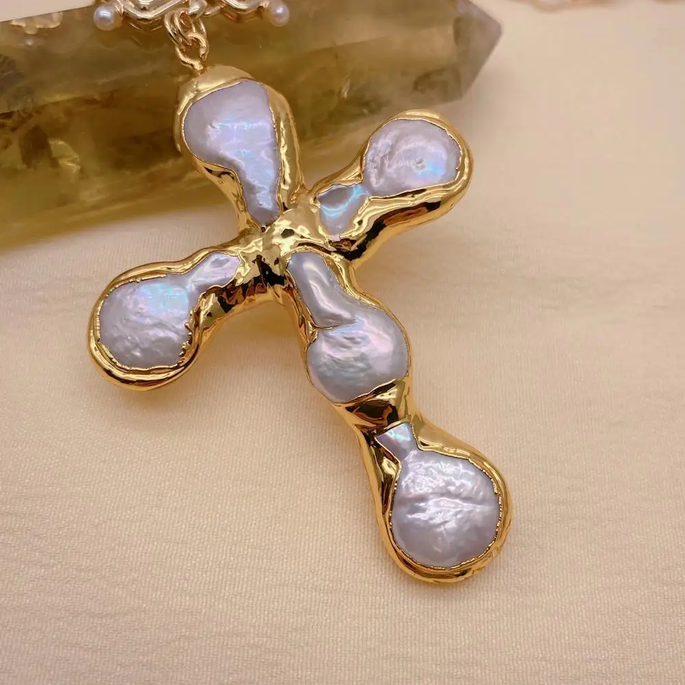 Y·YING  White Pearl Cubic Zirconia Chain Necklace Charm Coin Pearl Crucifix Pendant