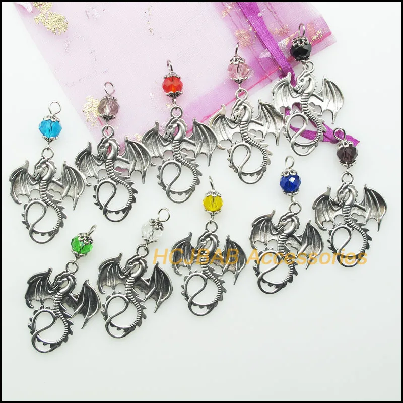 10Pcs Mixed Round Crystal Antique Silver Color Holy Dragon Charms Pendants 28x35mm