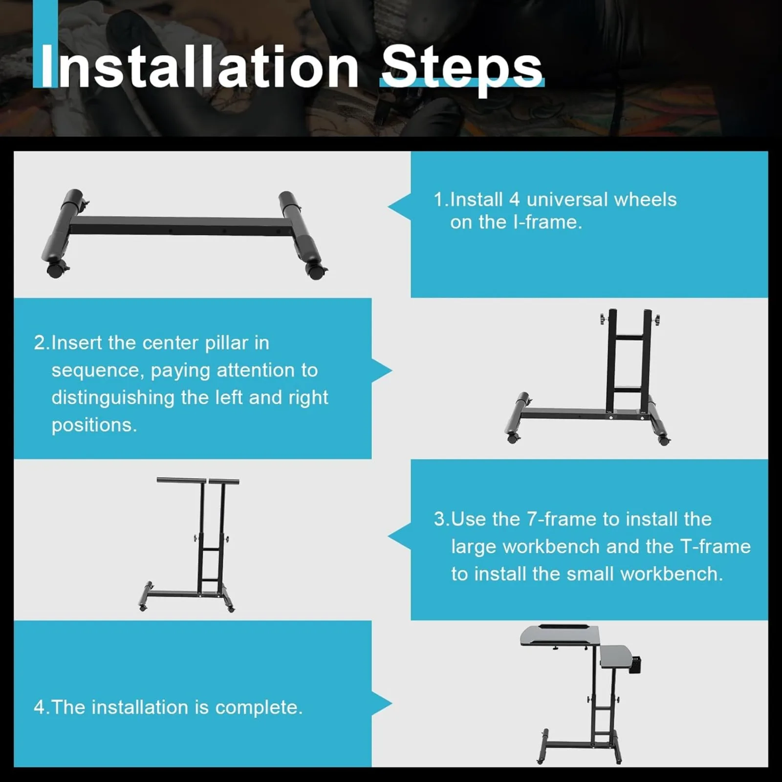 عربة صينية محطة عمل الوشم المتنقلة مع 4 عجلات، مسند ذراع قابل للتعديل، طراز حديث، 25.2 × 15.75 × 22.64-35.43 بوصة #6