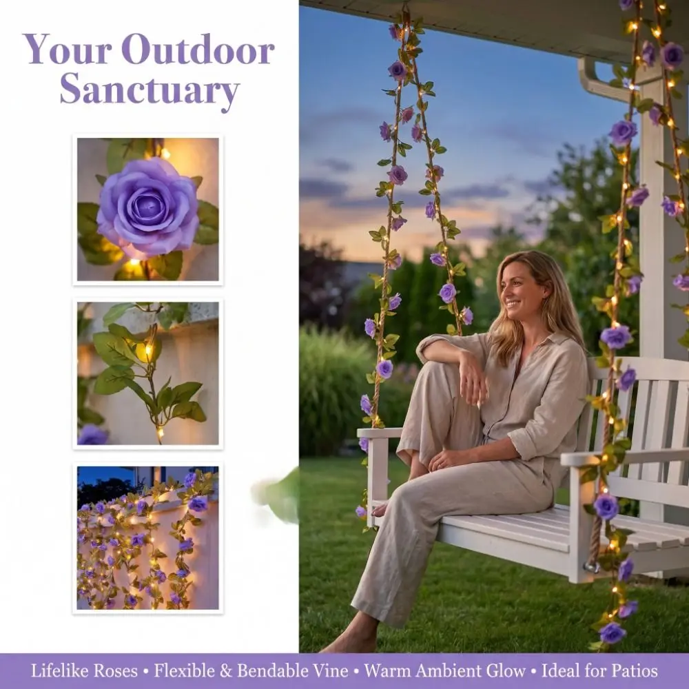 Blue Purple LED Vine Lights Waterproof Vine Design Rose String Lights Artificial Flower Decorative Lamp Artificial Flower Lamp