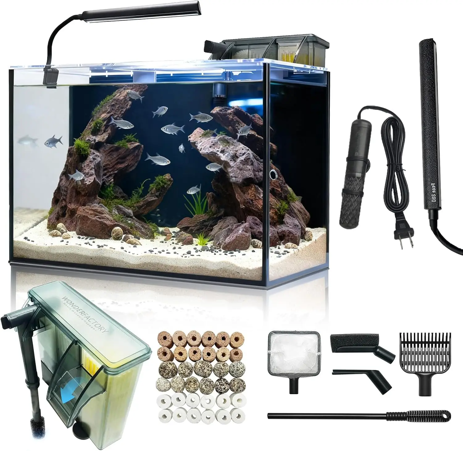 10 Gallon Aquarium Set Glass Fish Tank, Heater Self Cleaning System Filter with Media Bright Light Cleaning Tool, Leak-Proof