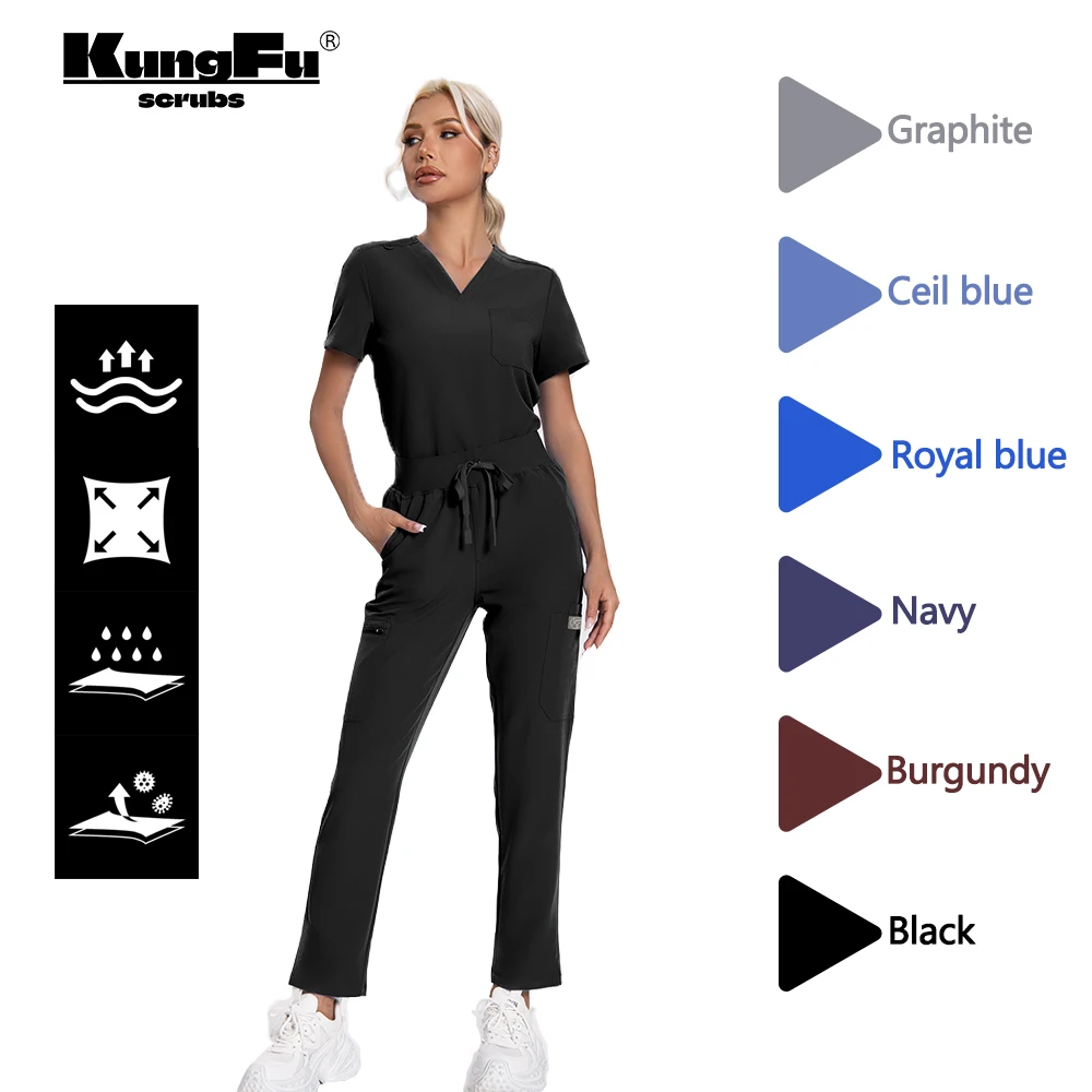 KUNGFU SCRUBS womens medical outfit Surgical uniforms nurse suit High quality fabric with silver ion antibacterial waterproof