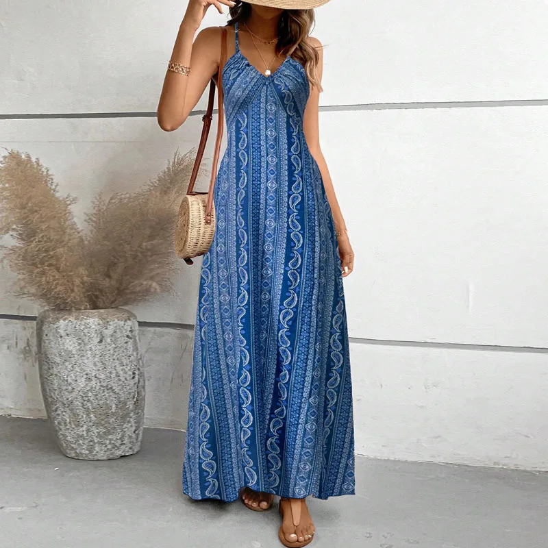 Mode Sommer Kleider für Frauen Schlank Spaghetti Strap Print Frauen Kleid Schlitz A-LINE Kleid Frauen Vestidos De Verano Mujer Q434