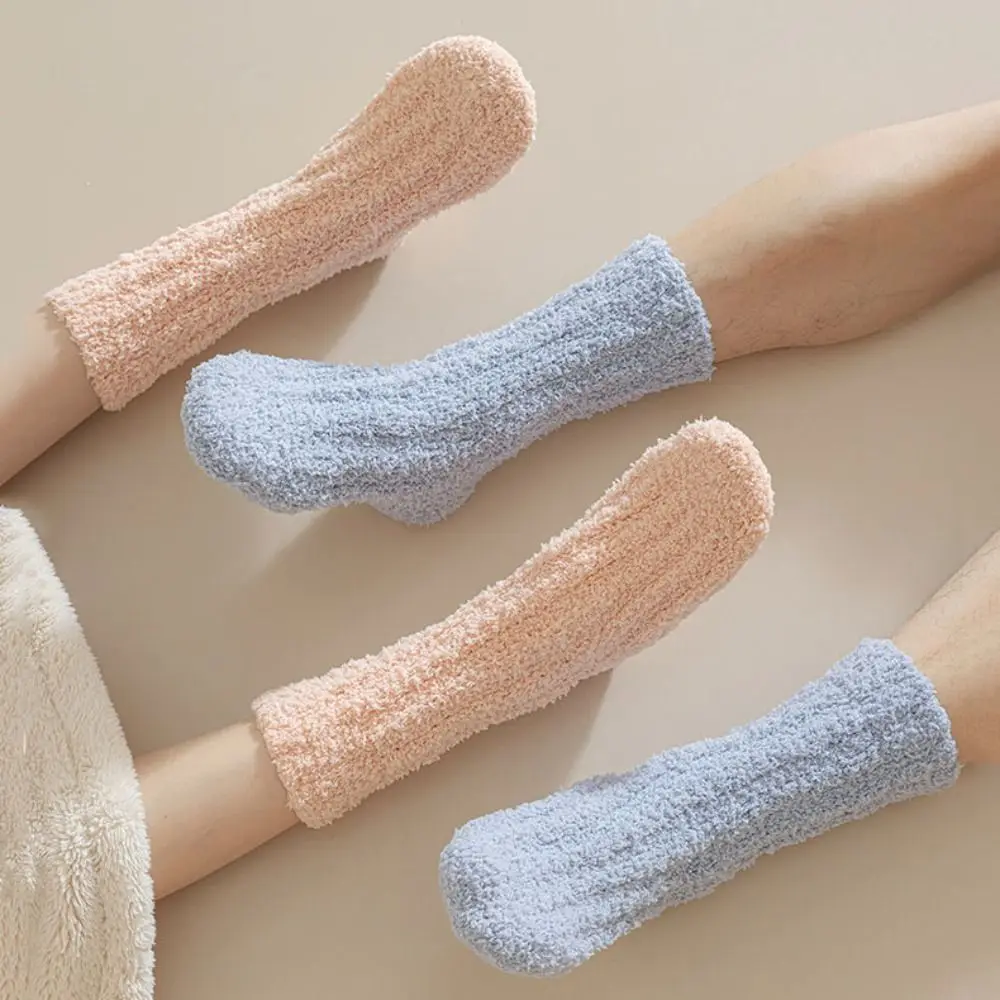 

4Pairs Cute Thickened Coral Fleece Socks Sleeping Simple Floor Plush Socks Winter Hosiery Mid Tube Socks Women Winter