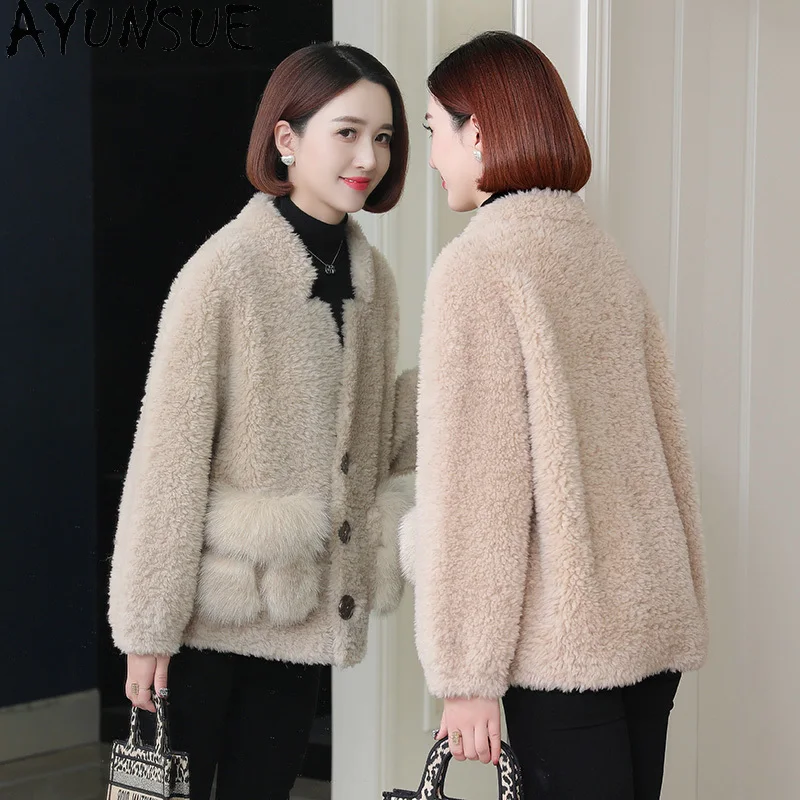 Ayunsue casaco de lã 100% feminino, jaqueta de shearling de ovelha, roupas de outono e inverno, bolsos de pele de raposa, Пegoьто Ж elektiniaiе, pele composta