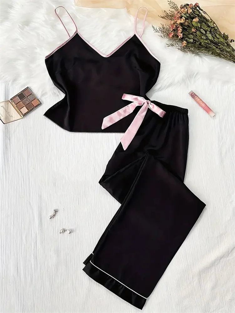 Conjunto de pijama con encuadernación de satén liso, camiseta informal sin espalda con cuello en V y pantalones con lazo, ropa de dormir para mujer, lencería sexy