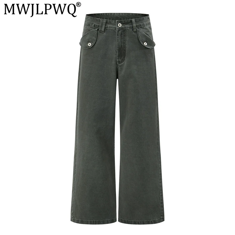 MWJLPWQ American Retro Loose Wide-Leg Trousers For Men Washed Distressed Punk Street Style Design Workwear Casual Pants 20770