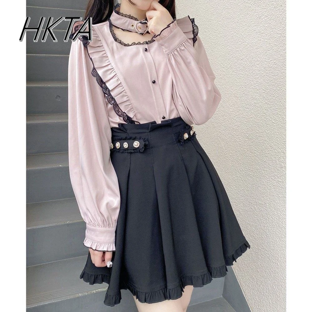 Japanese Rojita Shirt Women Spring and Autumn Shirts Toe-Shaped Buckle Ruffled Long Sleeve Tops Slim Lolita Blouse for Girls
