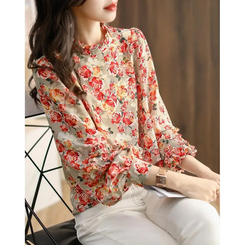 Retro Floral Print Elegant Chic Sweet Ruffle Shirts Spring Fashion Stand Collar Long Sleeve Tops Blouses for Women Clothing 2023