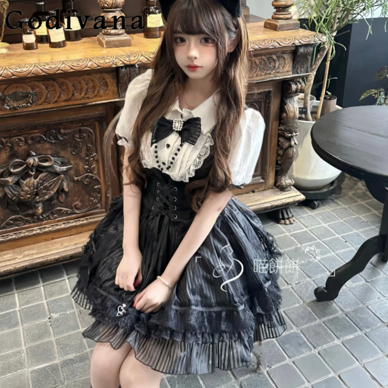 Japanese Dark Gothic Lolita Stripe Lace Bow Dress Fashion High Waist A-line Personalized Lace-up Vest Daily Short Sleeve Dresses