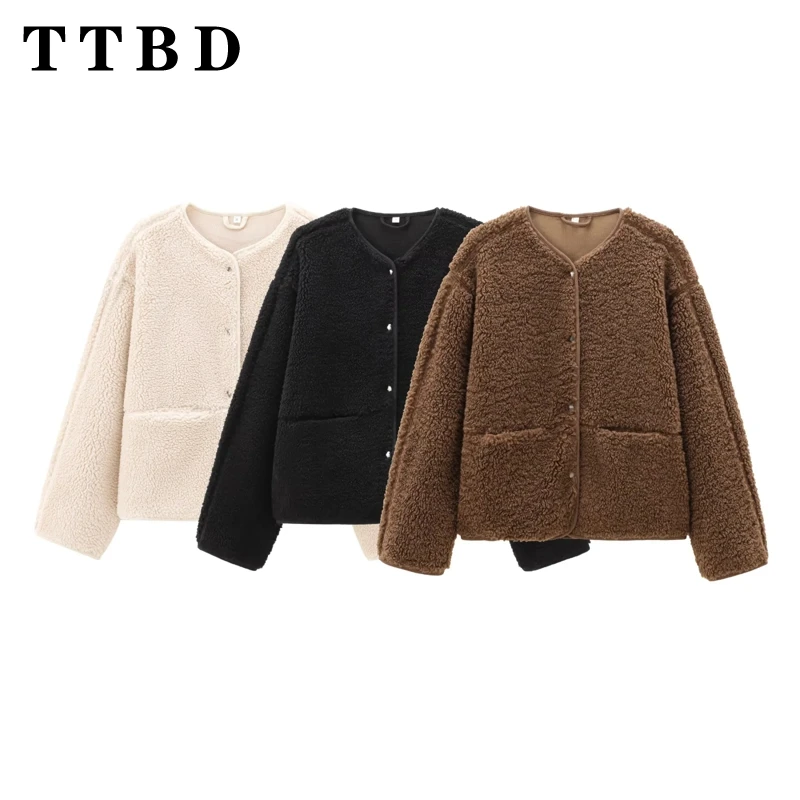 TTBD 2024 Autumn Winter New Women's Round Neck Solid Color Comfortable Fashion Teddy Fleece Jacket