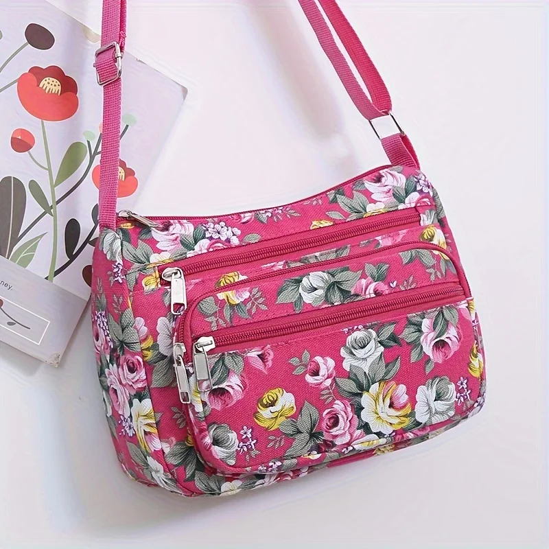 Stilvolle Umhängetasche mit Blumenmuster, lässige Schultertasche mit mehreren Reißverschlüssen und verstellbarem Riemen, für den täglichen Gebrauch im Freien – Detail 6