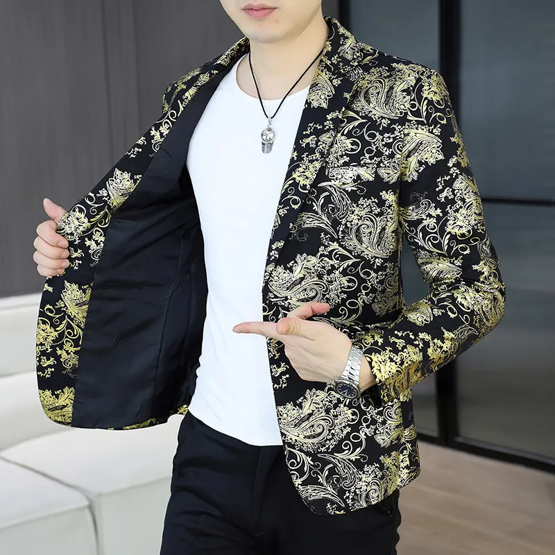 ชุดลำลองผู้ชายแฟชั่นพิมพ์ลายทองคำ แจ็คเก็ตทรงเข้ารูป ผ้าใยโพลีเอสเตอร์ สไตล์คนเมือง แขนยาว ลายดอกไม้...