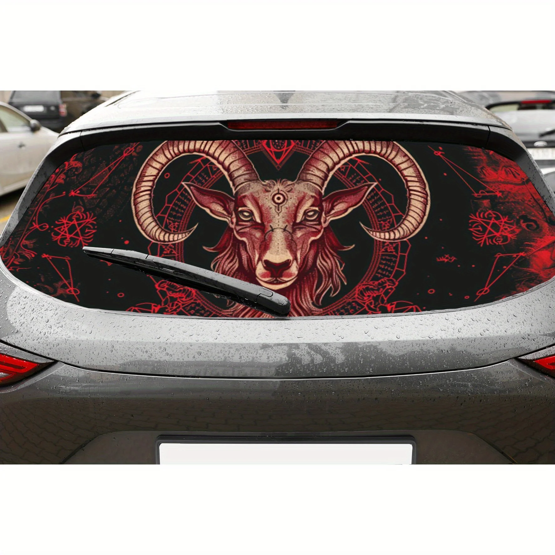 

Красная загадочная голова баран из ПВХ, перфорированные автомобильные виниловые обертывания, улучшающий конфиденциальность дизайн для заднего окна, наклейка на заднее лобовое стекло автомобиля для