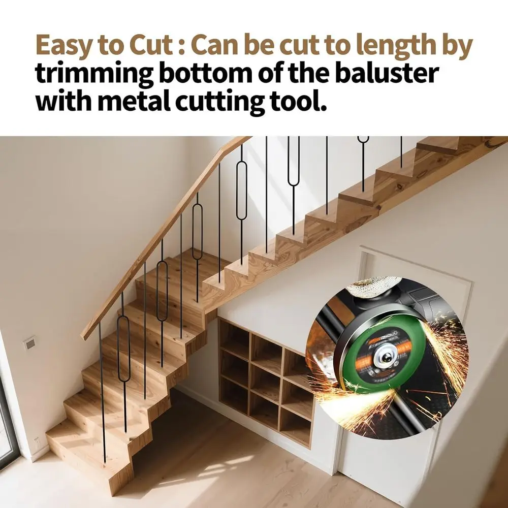 44 درابزين درج معدني أسود من الساتان، 16 عبوة مع 8 مغزل بيضاوية و8 مغزل مجوفة مستقيمة