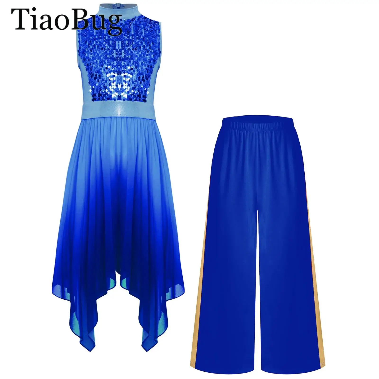 

Girls Liturgical Praise Dance Outfit Ballet Lyrical Tunic Gowns Sequin Church Choir Worship Dress with Metallic Wide-Leg Pants