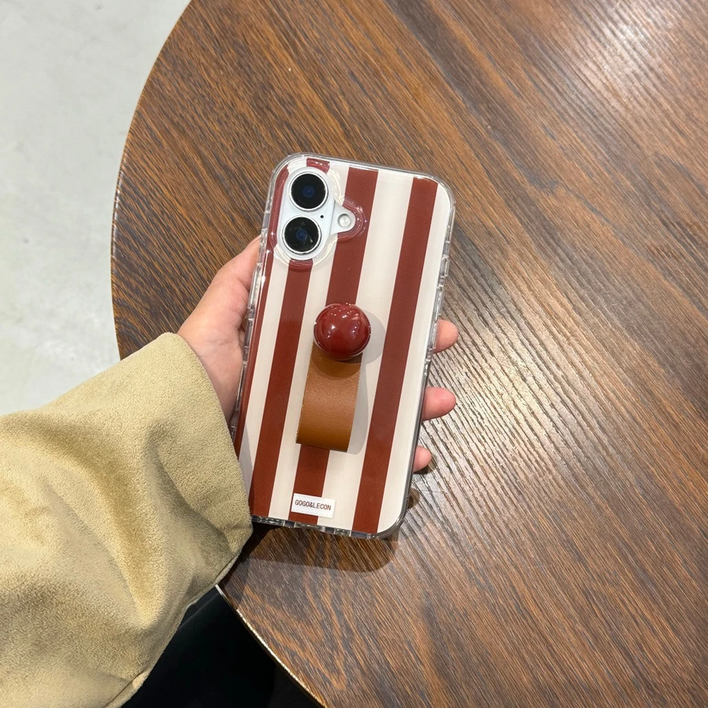 Simple marrón blanco rayas estereoscópico bola dedo anillo titular a prueba de golpes funda de teléfono para iPhone 17 16 15 14 Pro Max