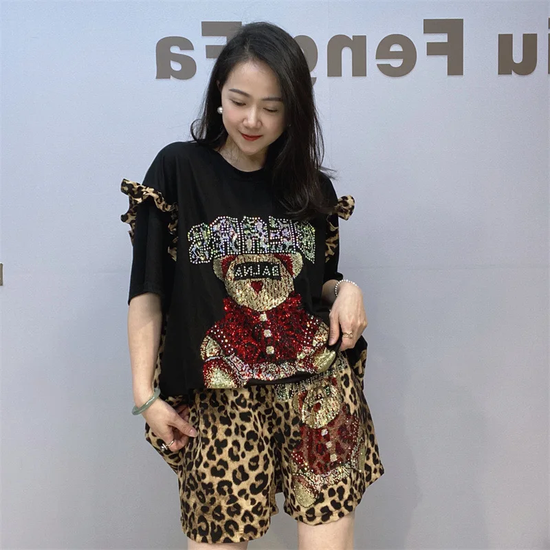 2024 2 Piece Sets Womens Outfits Cartoon Diamonds Tracksuit Leopard Print Short Sets Casual Knitting Ensemble Femme 2 Pièces Été