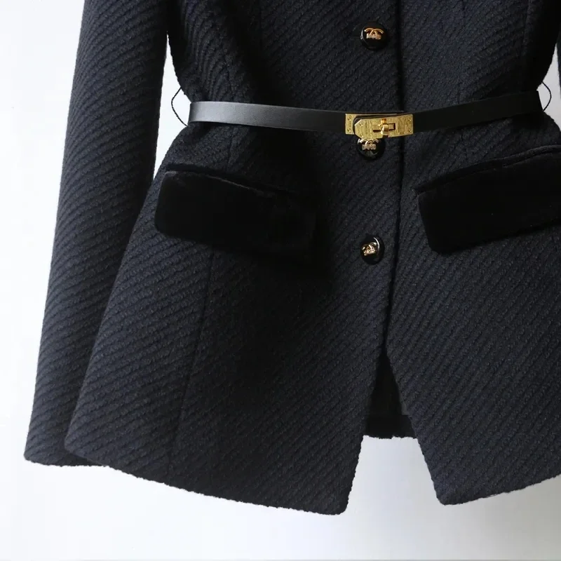 Spring New Trendy Tweed Jacket for Women Mid Length Single Breasted Coat Vintage Elegant Slim Fitting Autumn Chic Office Blazer