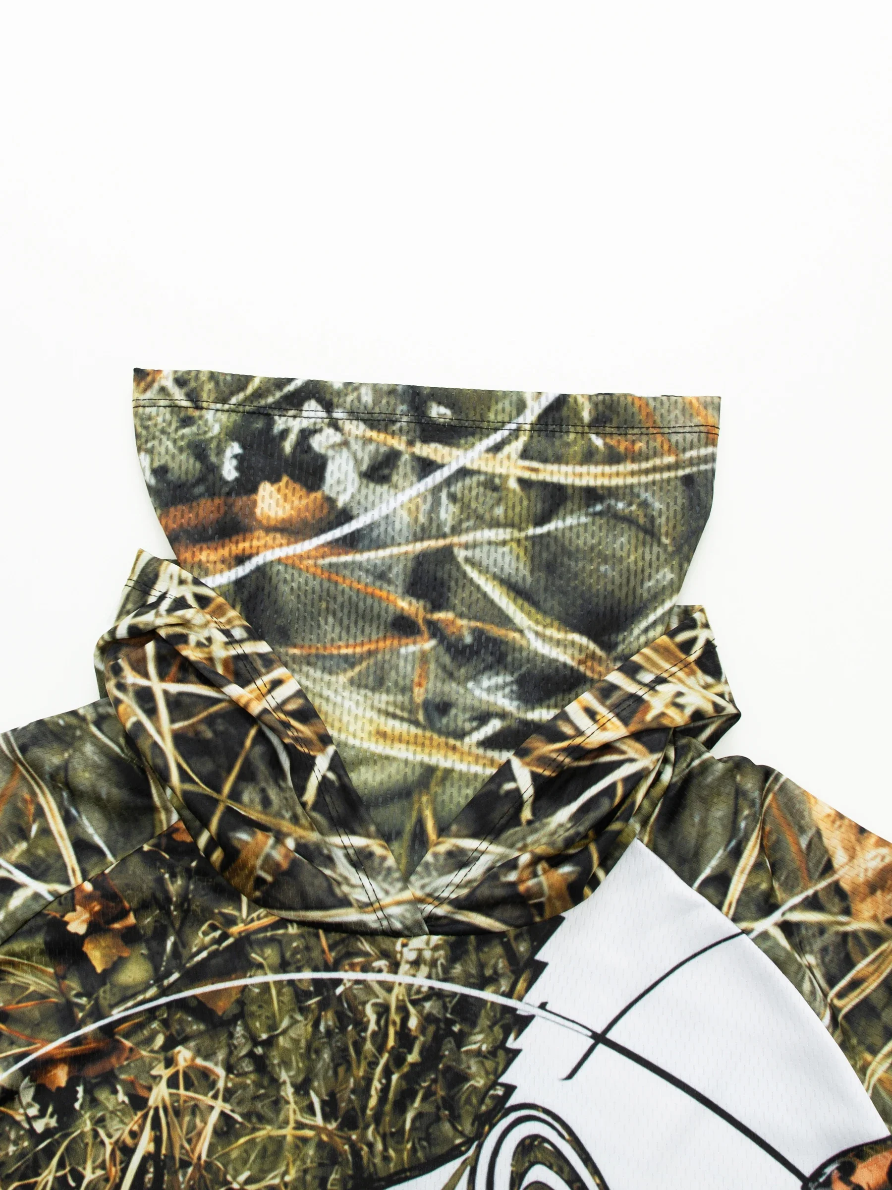 Herren Sommer UPF50+ Angel-Hoodie mit Gesichtsmaske, Reed Camo Bass-Print, schnelltrocknend, atmungsaktiv, leicht, langärmeliges Angelhemd – Detail 6