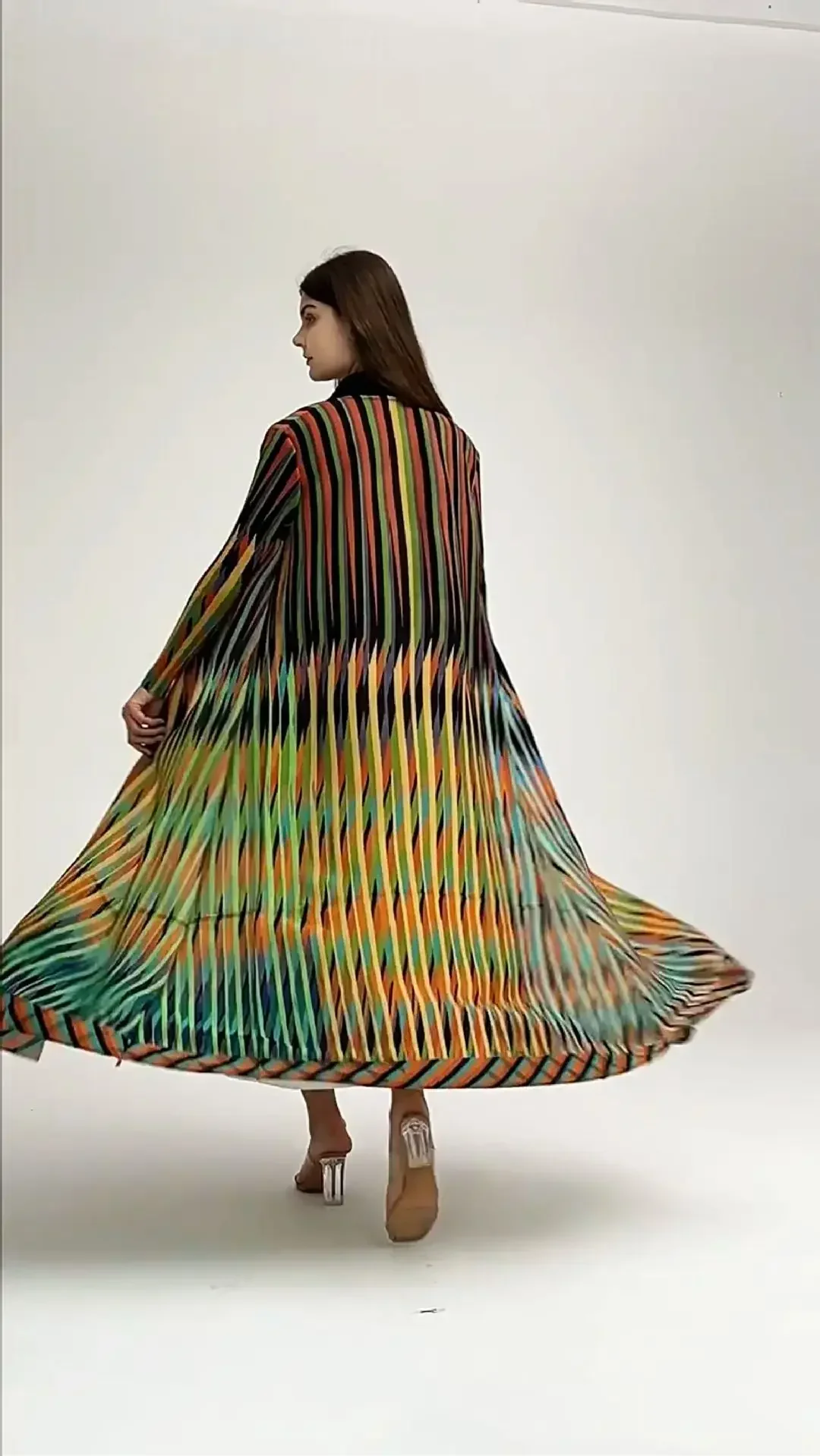 Miyake Colorful Striped Pleated Fashion Dress Women Lapel Single Breasted Loose Fit Long Dresses Party 2024 New Muslim Robe