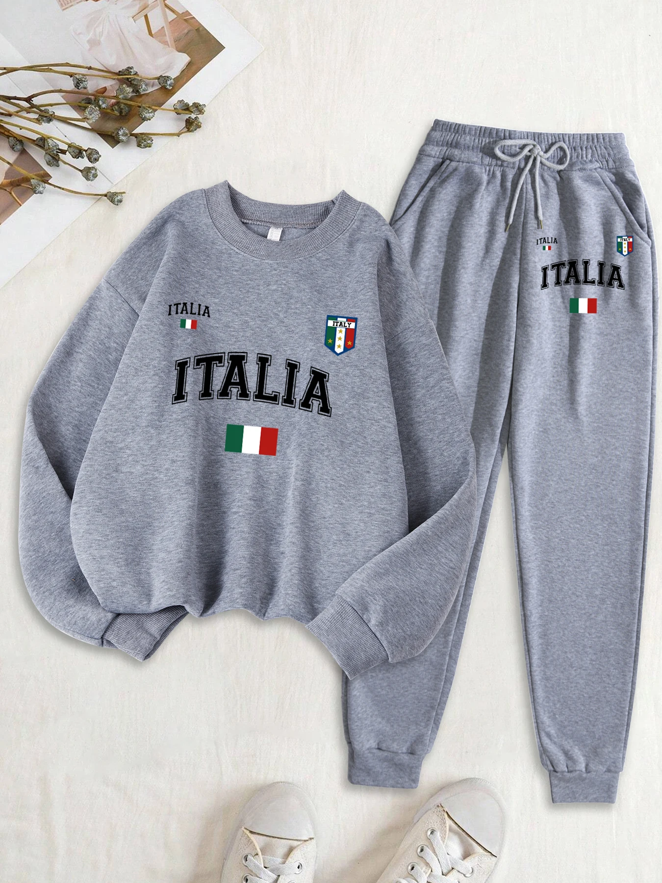 Italia Italian Flag Print Women Sweatshirt Suit O-Neck Soft Pullovers Casual Comfy Sweatpants Women'S Autumn Jogging 2 Piece Set