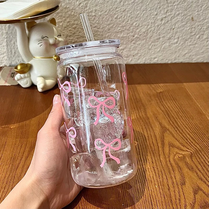 

500Ml Pink Bow Print Water Bottle Drinking Can Iced Hot Coffee Juice Plastic Cup Pink Bowknot Tumbler Cup